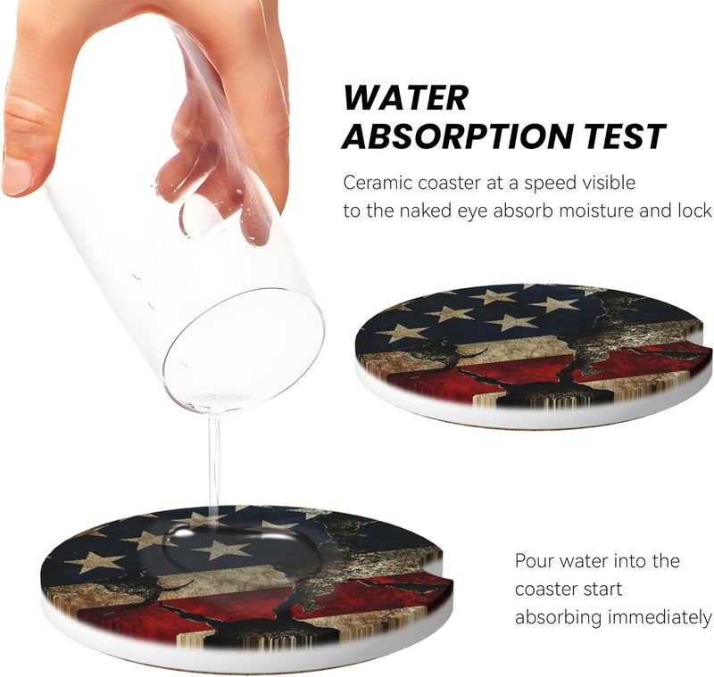 CTVSLFU Absorbent Car Coasters for Cup Holders, 2 Pack Universal Anti Slip Ceramic Cup Coaster for Women Men 2.56 Inch Car Interior Accessories - Vintage American Flag 011 - Image 4